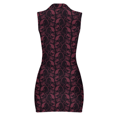 Purple Skulls Short Sleeve Dress with Short Zipper