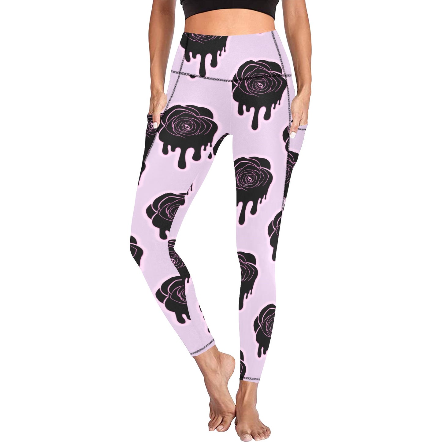 Purple And Black Dripping Roses Leggings with Pockets