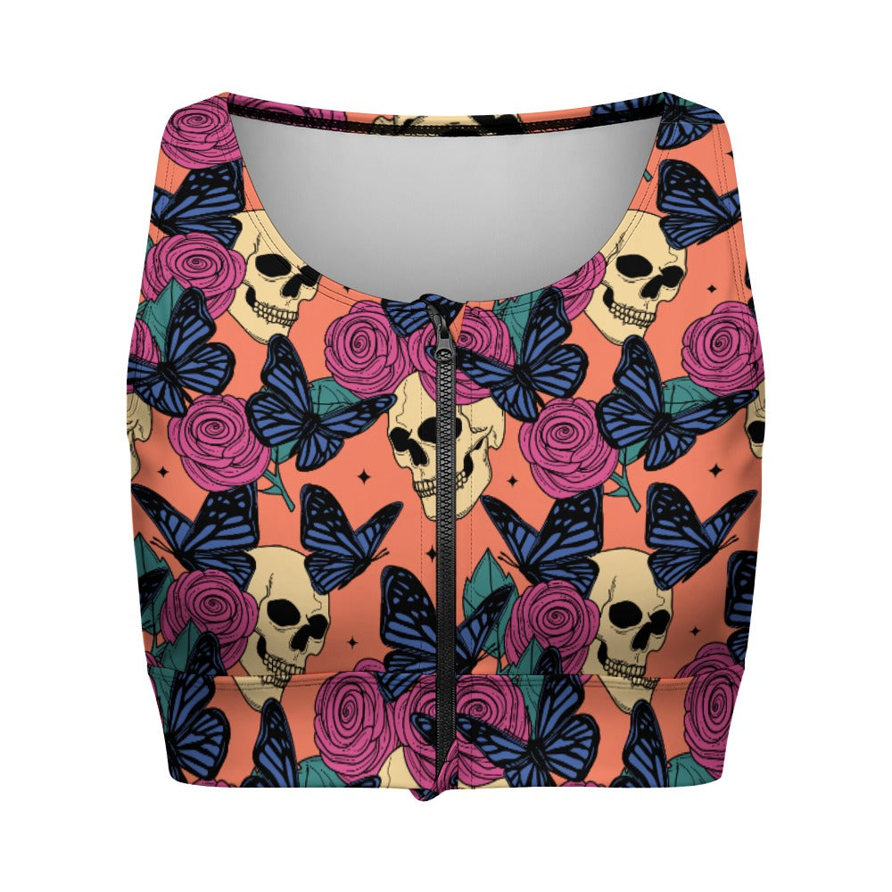 Skulls Flowers And Butterflies Yoga Zipper Vest