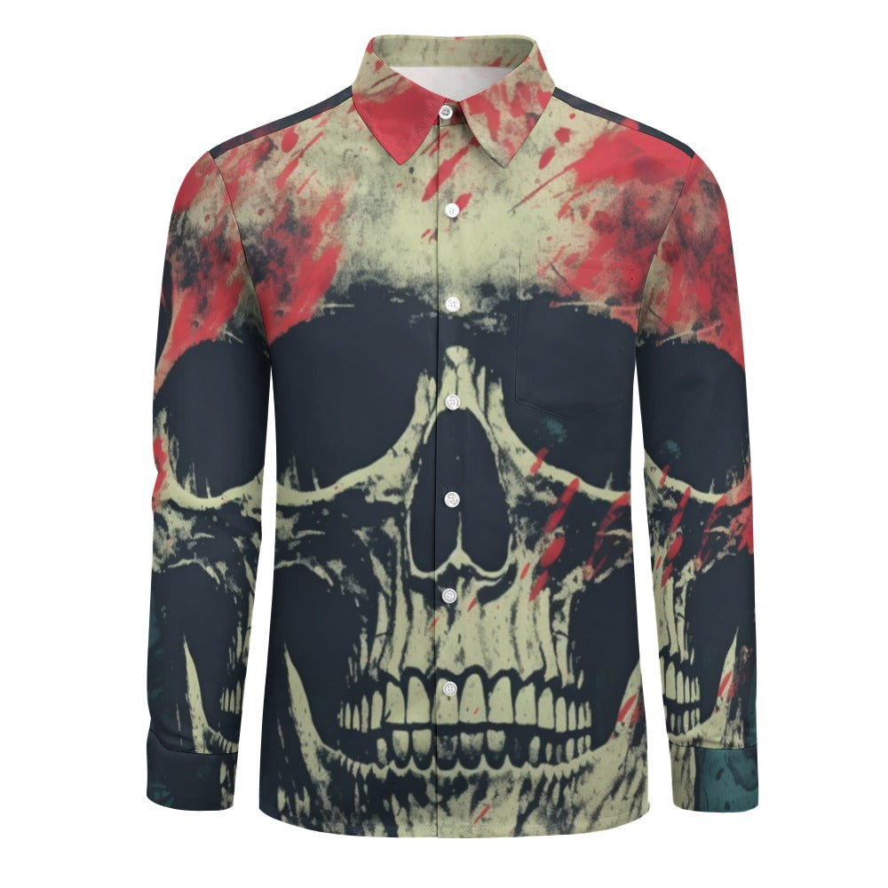 Grunge Skull Splattered Casual One Pocket Long Sleeve Shirt