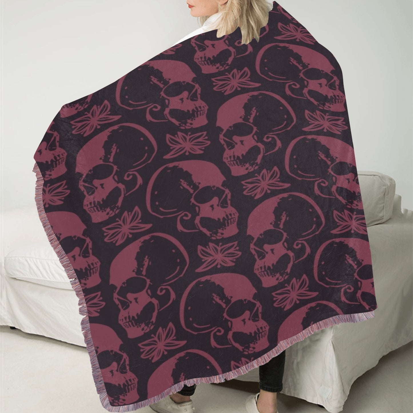 Purple Skulls Ultra-Soft Mixed Pink Fringe Blanket (60x80 inch)