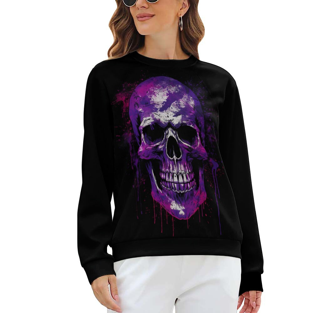 Purple Dripping Skull Raglan Round Neck Sweater