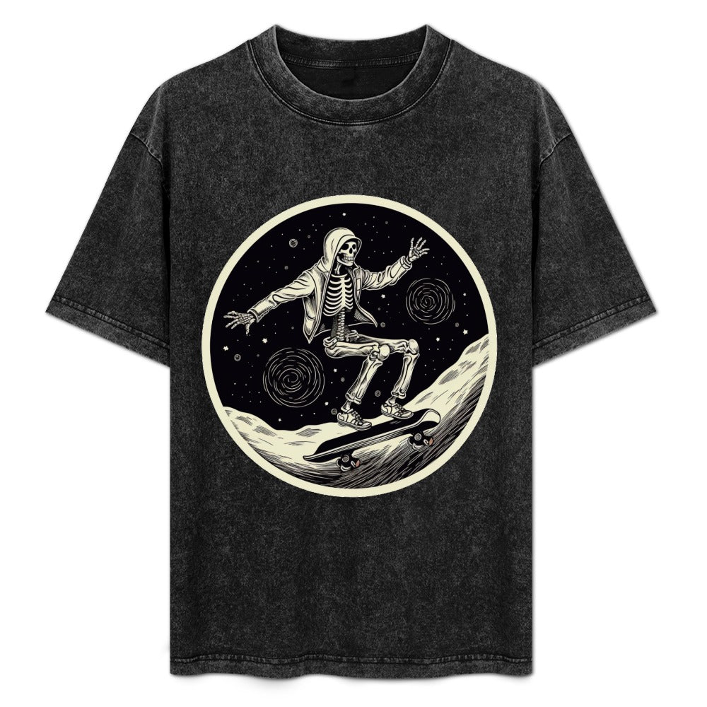 Skateboarding Space Skeleton Wash Off Short Sleeved T-shirt