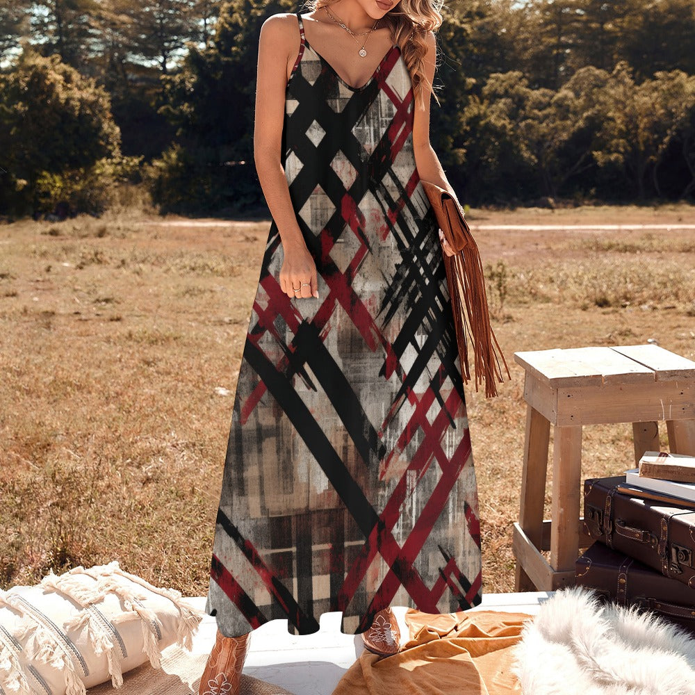 Distressed Plaid Sling Ankle Long Dress