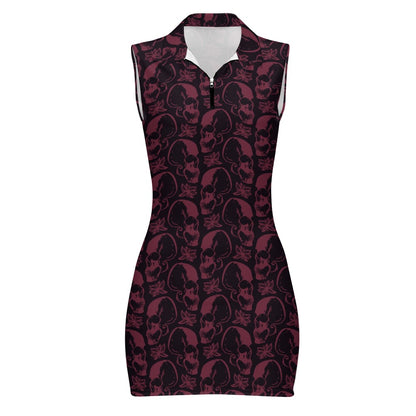 Purple Skulls Short Sleeve Dress with Short Zipper
