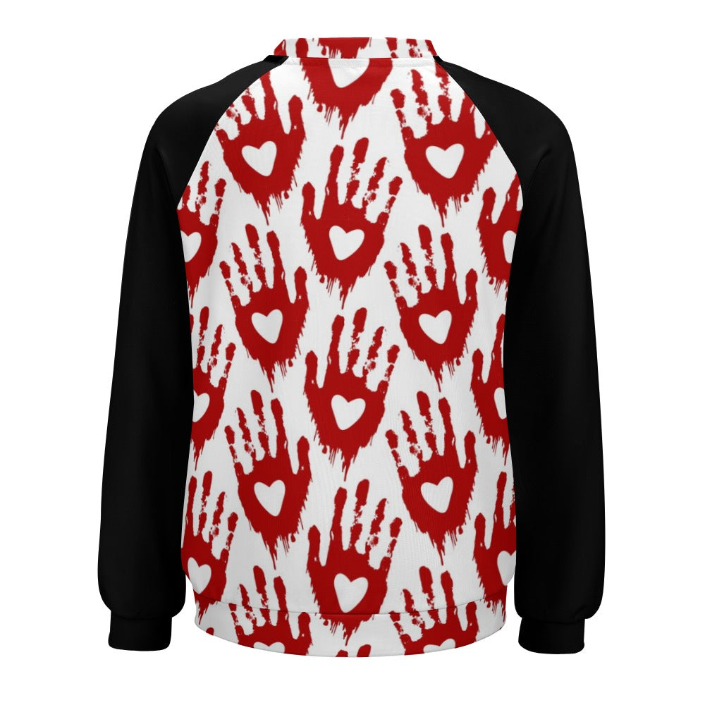 Bloody Hand Print With A Heart Raglan Round Neck Sweater