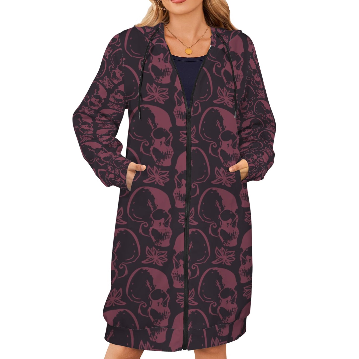 Purple Skulls Women's Long Hooded Coat