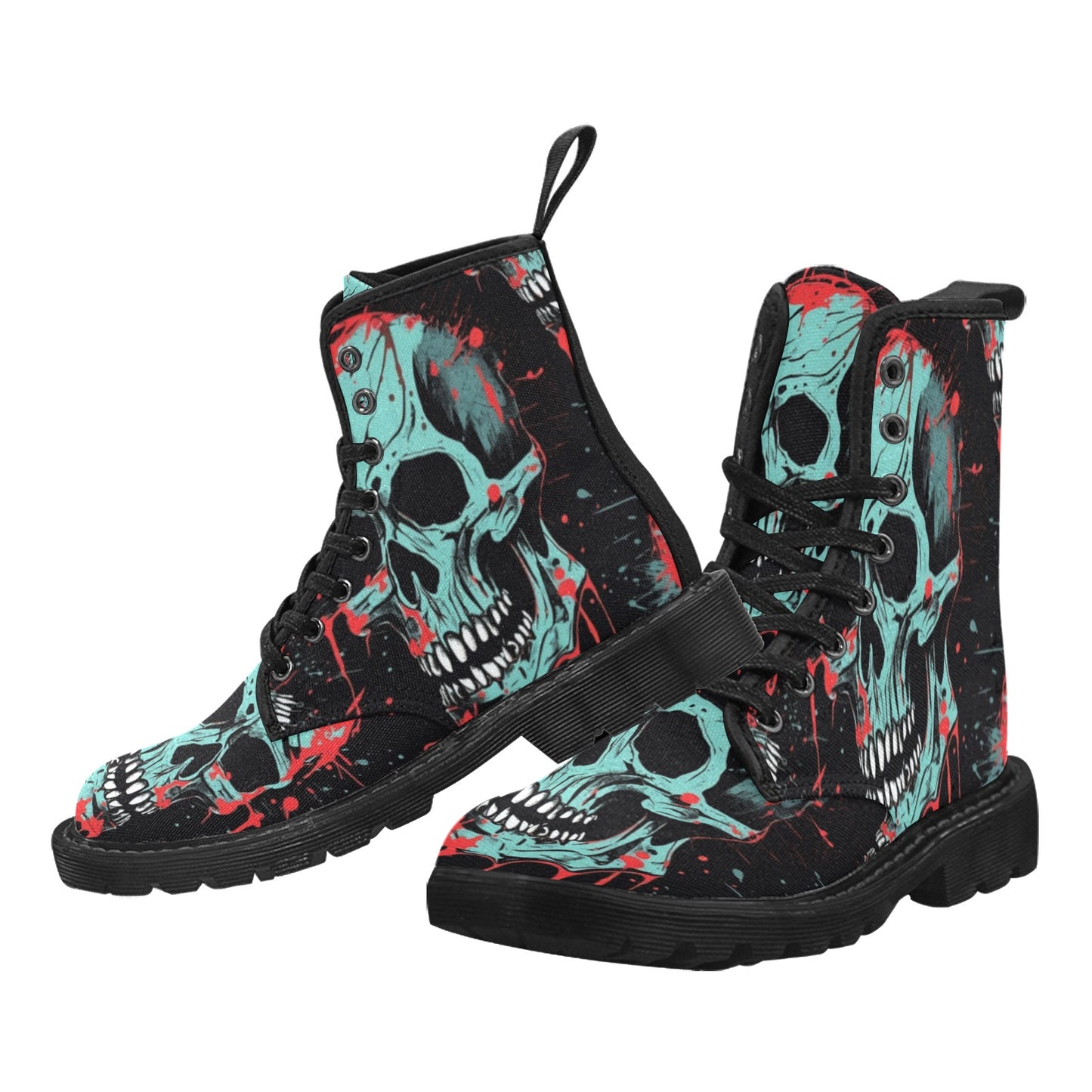 Blue Skulls With Red Splatter Lace Up Canvas Boots