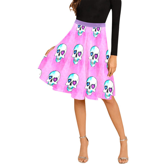 Pink Skull Head Pleated Midi Skirt