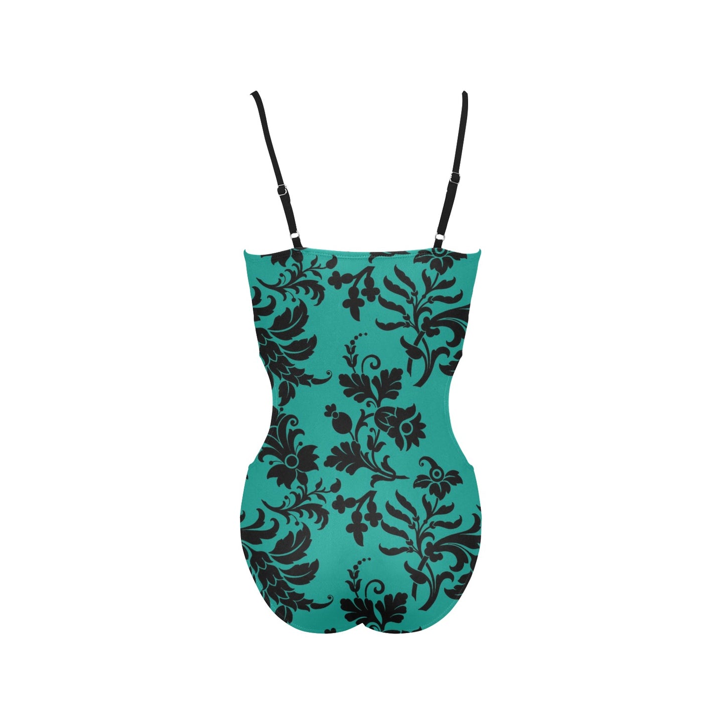 Gothic Flowers On Teal Spaghetti Strap Cut Out Sides Swimsuit