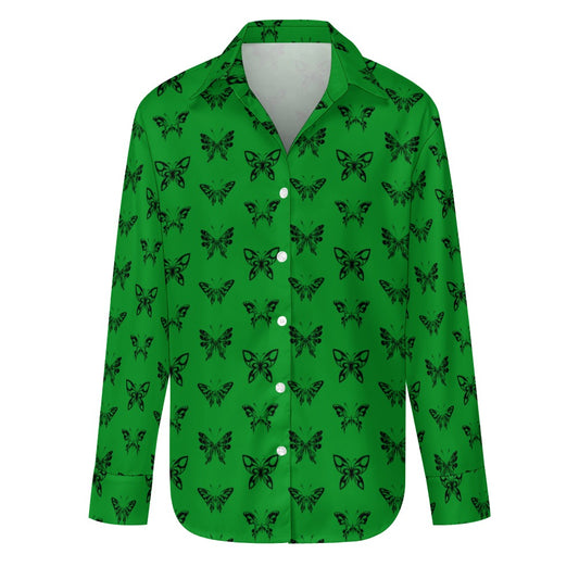 Ink Butterflies On Green Long Sleeve Casual Shirt