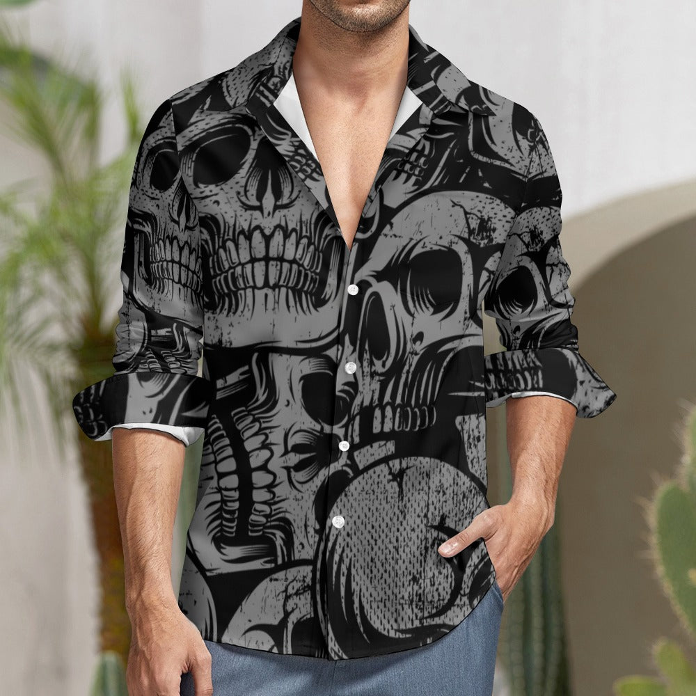 Silver Skull Casual One Pocket Long Sleeve Shirt