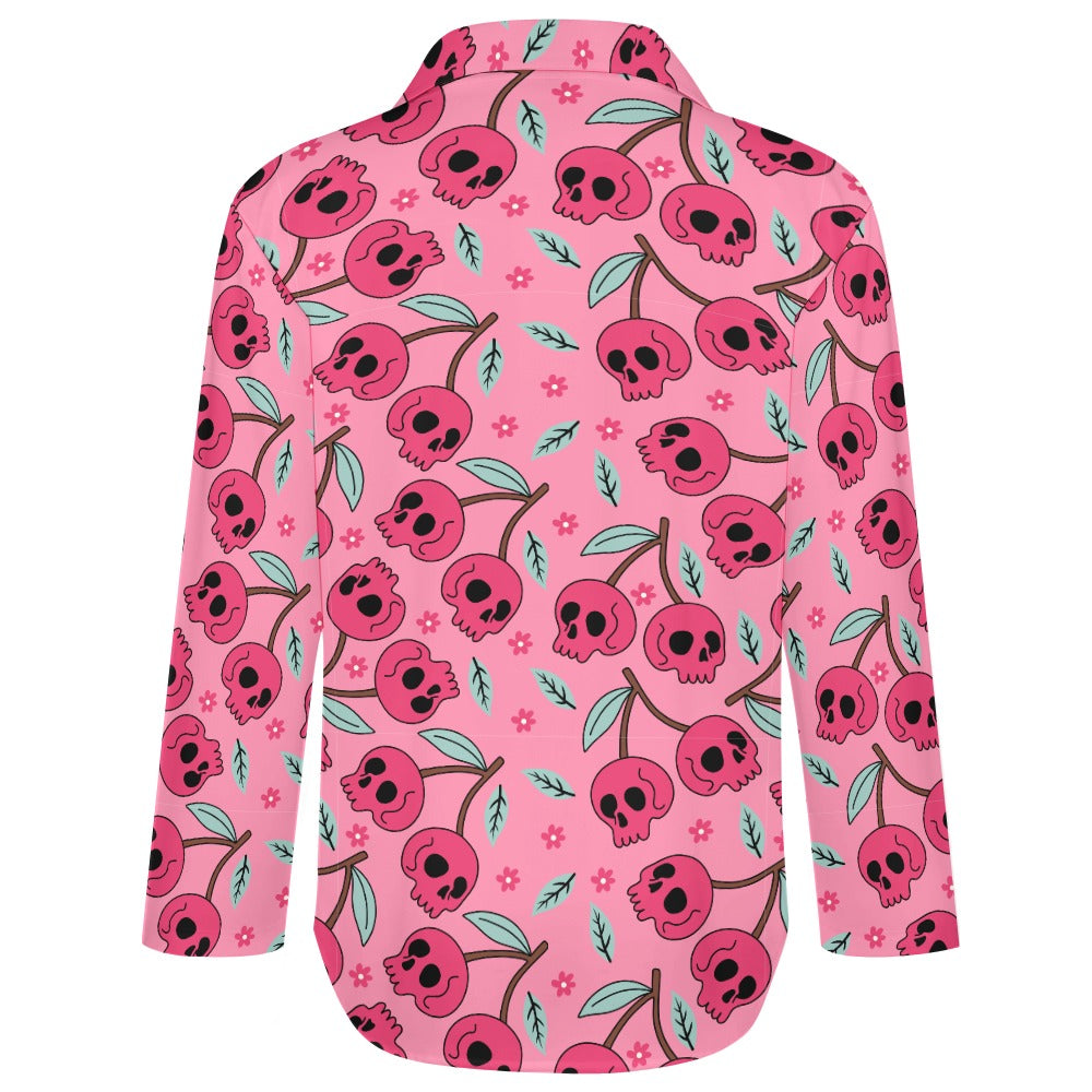 Pink Cherry Skulls Cropped Hem Shirt