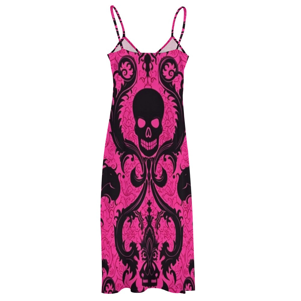 Skulls On Pink Sling Ankle Long Dress