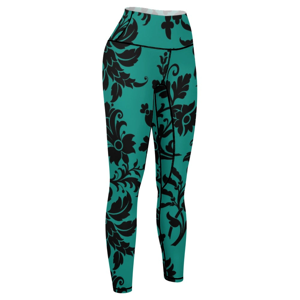 Black Flowers On Teal Yoga Pants