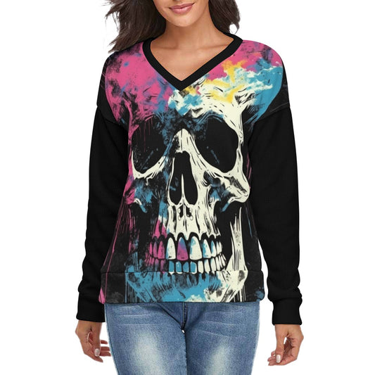 Multicolor Skulls V-Neck Long Sleeve Sweater