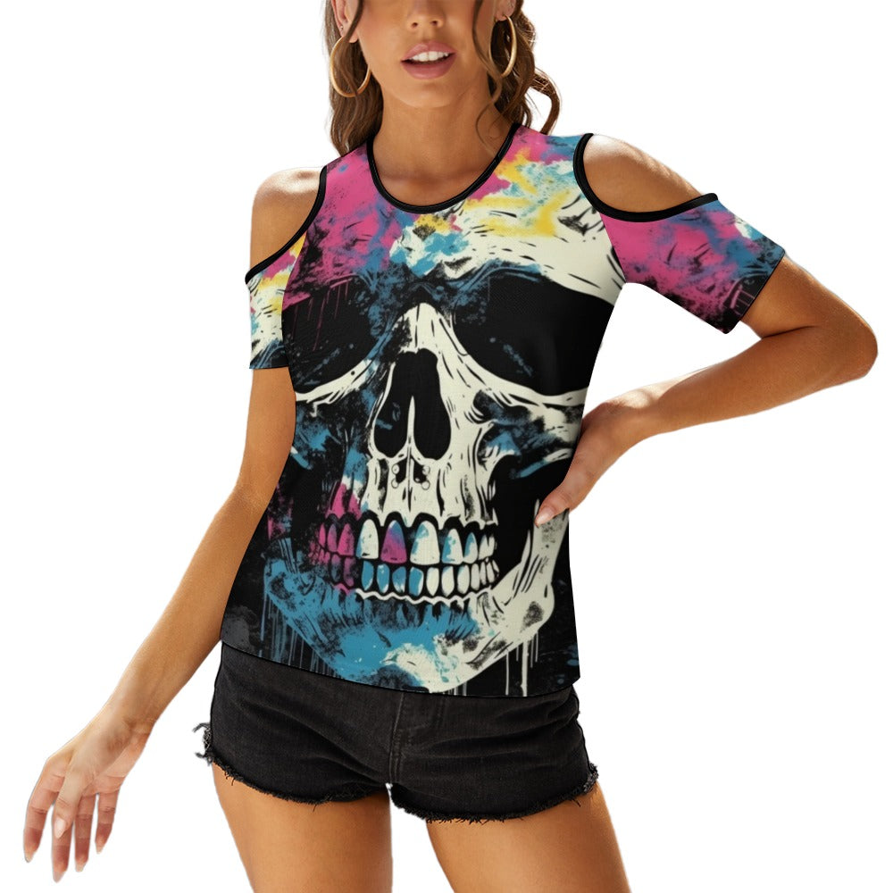 Skull Punk Off The Shoulder U-neck Short Sleeve Top