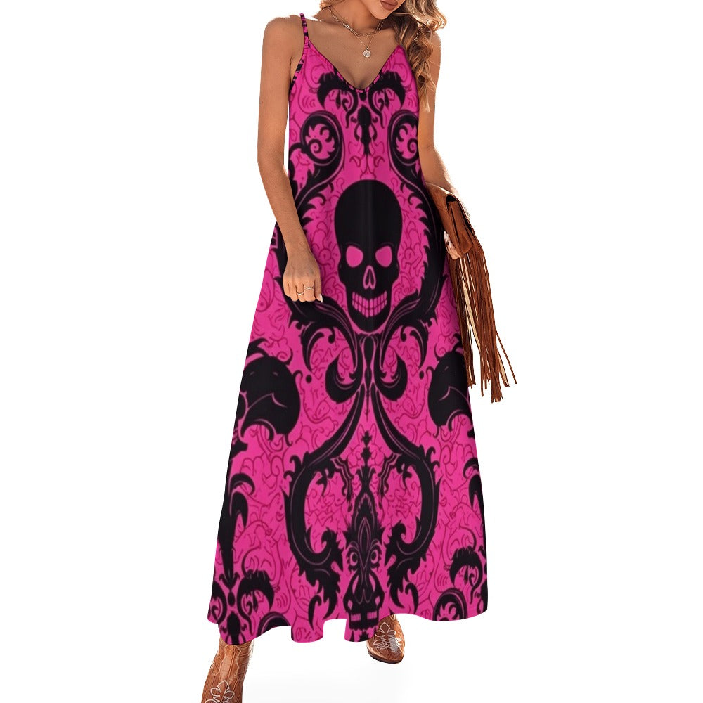 Skulls On Pink Sling Ankle Long Dress