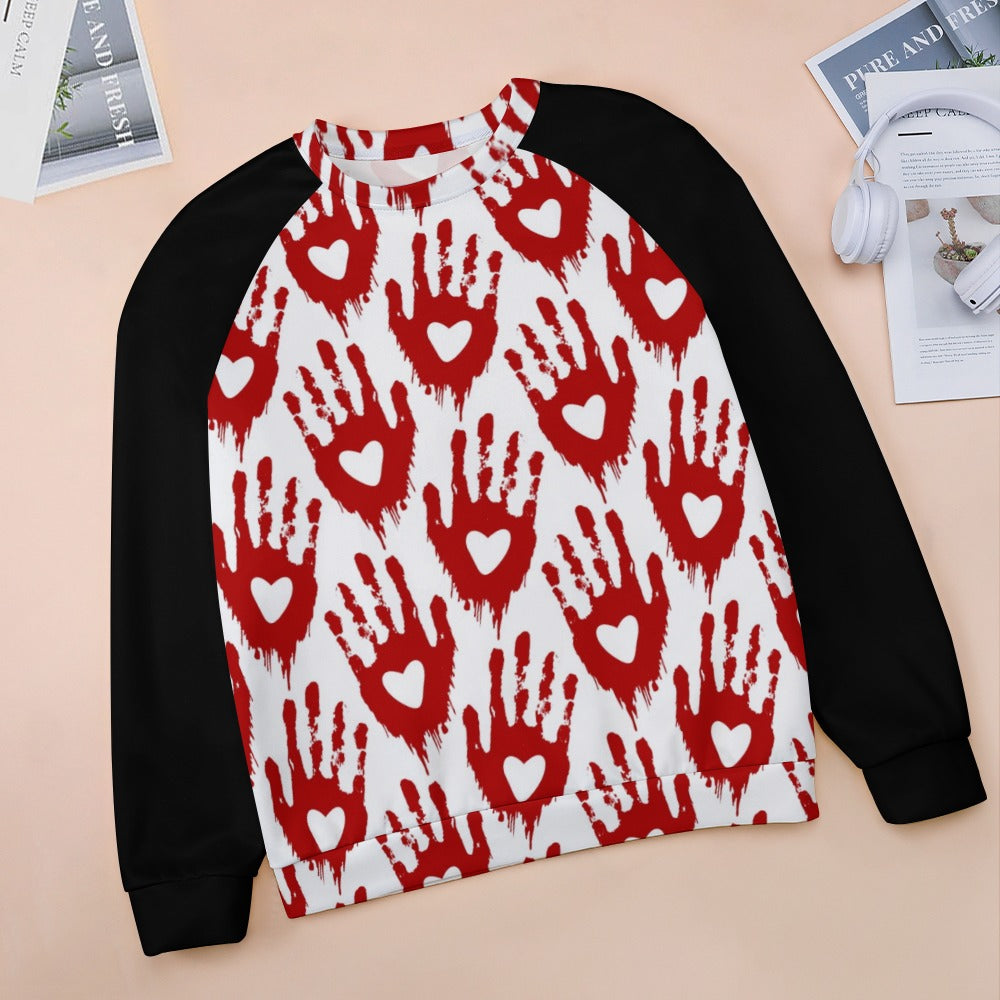 Bloody Hand Print With A Heart Raglan Round Neck Sweater