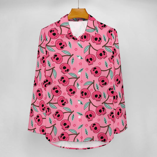 Pink Cherry Skulls Cropped Hem Shirt