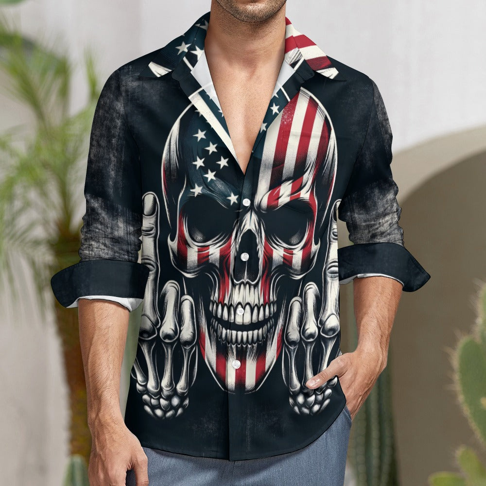 Middle Finger American Skull Casual One Pocket Long Sleeve Shirt