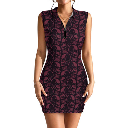 Purple Skulls Short Sleeve Dress with Short Zipper
