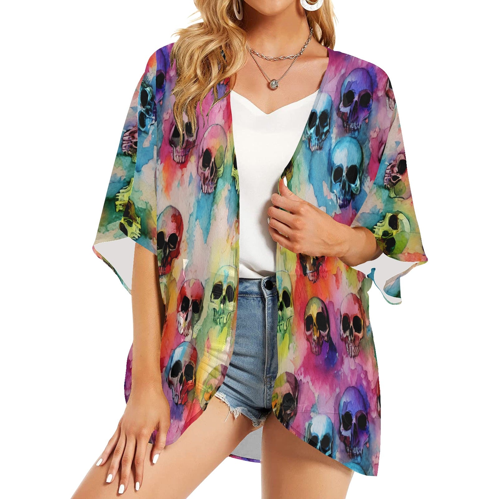 Colorful Skull Heads Kimono Chiffon Cover Up