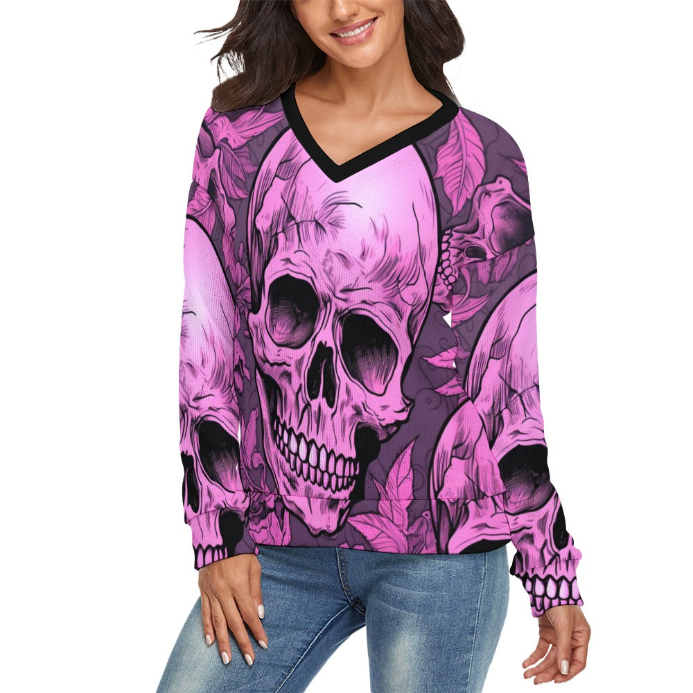 Pink Skull V-Neck Long Sleeve Sweater