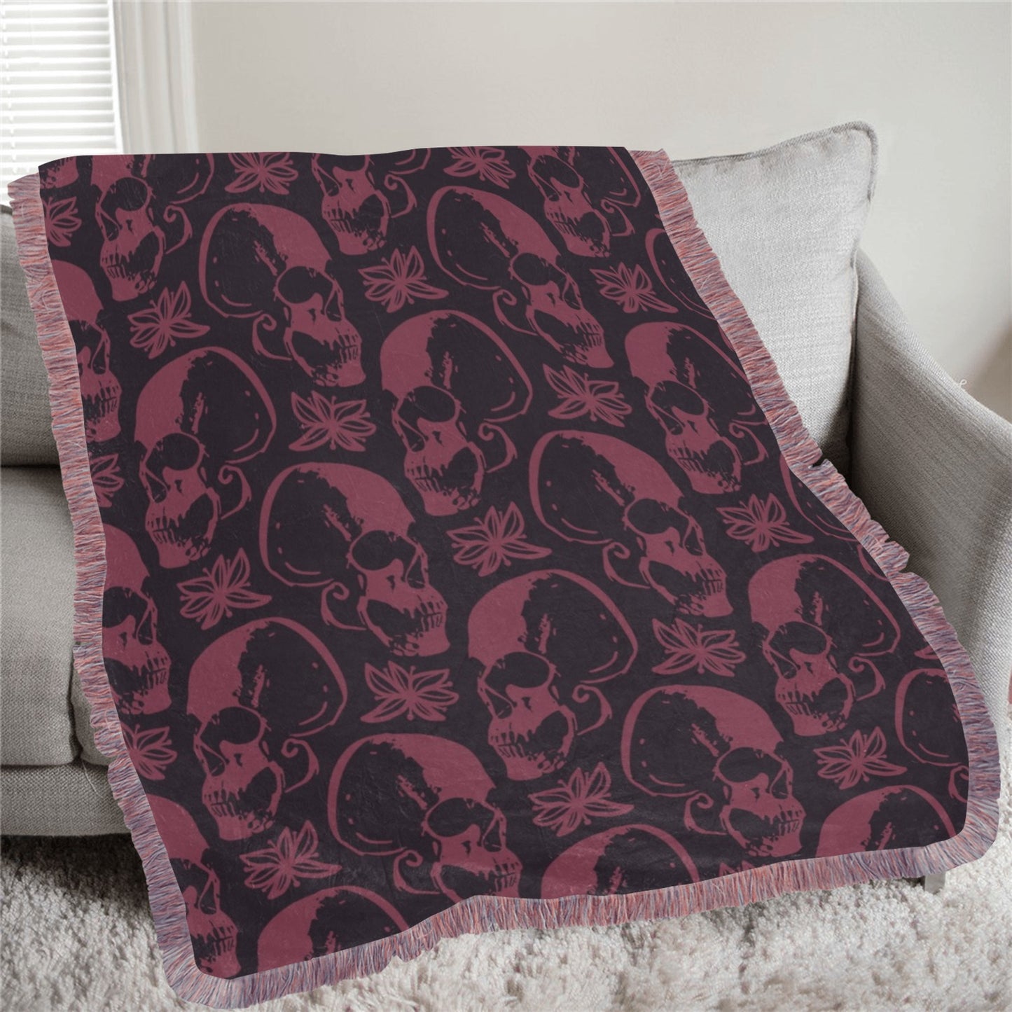Purple Skulls Ultra-Soft Mixed Pink Fringe Blanket (60x80 inch)