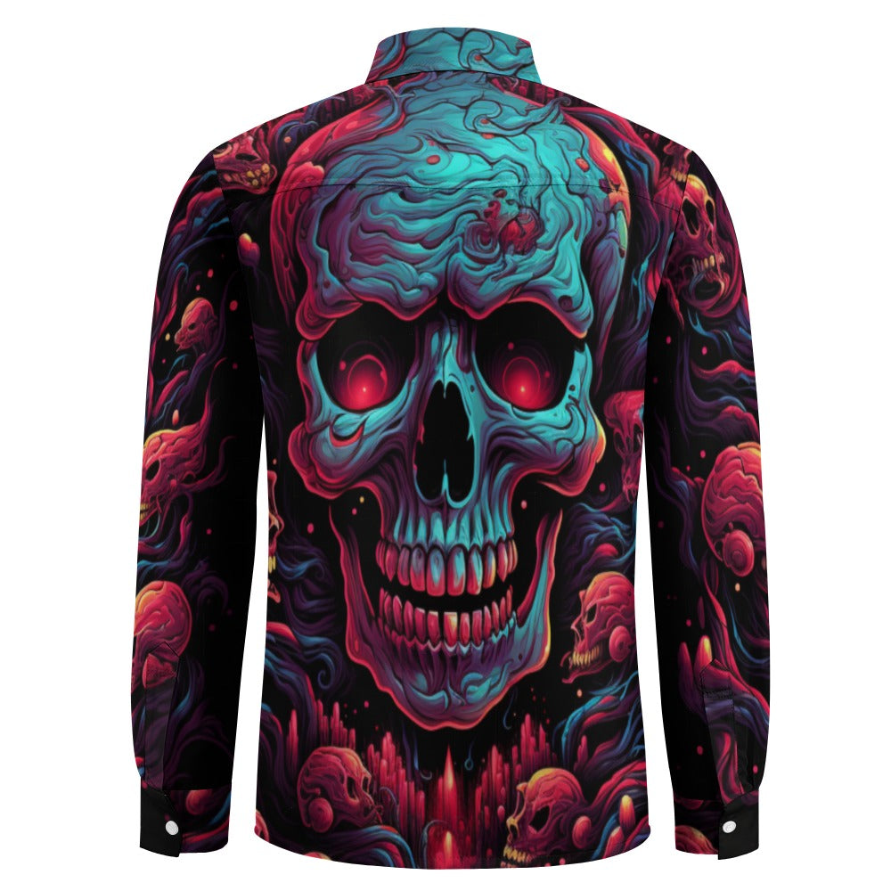 Gothic Blue And Red Skull Head Casual One Pocket Long Sleeve Shirt