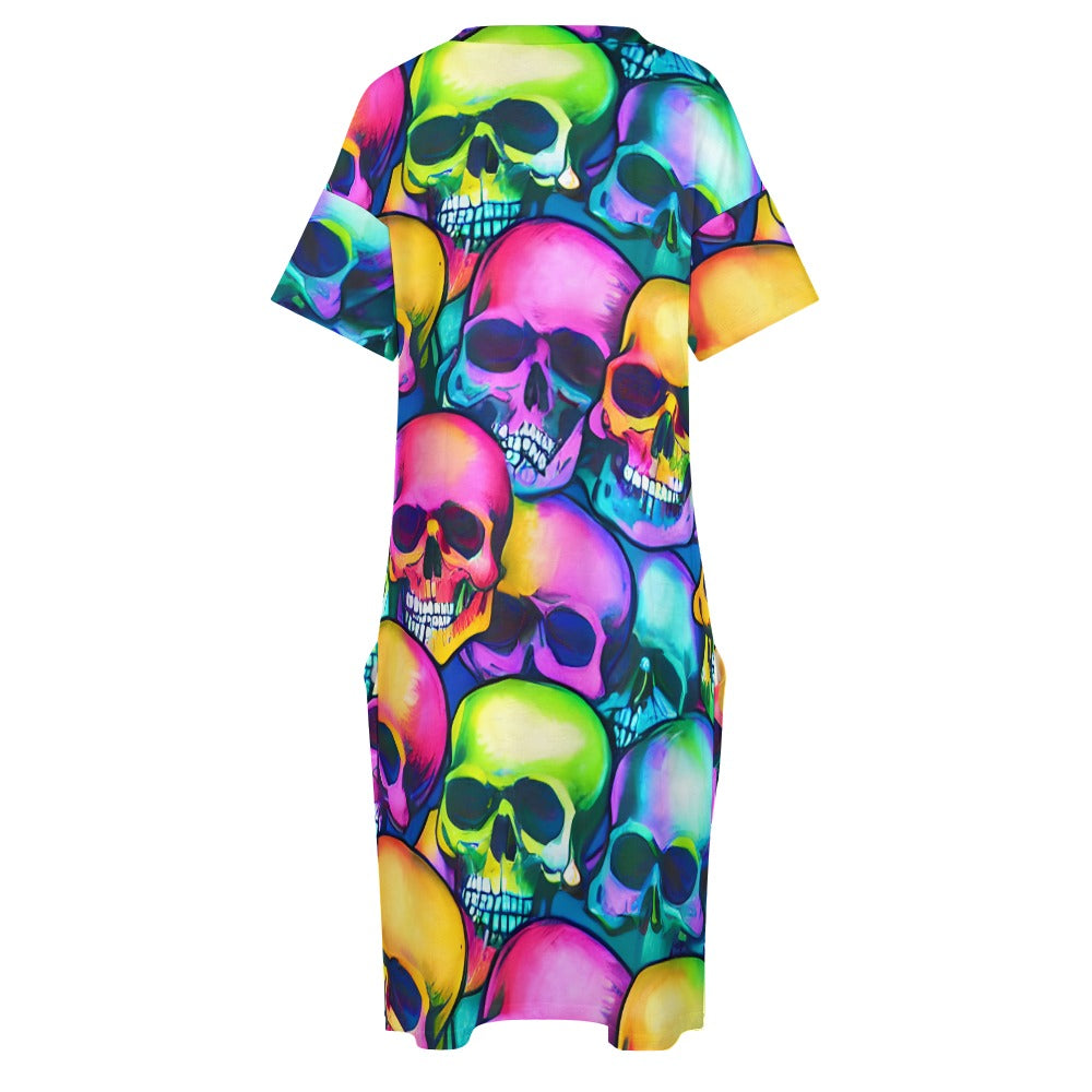 Multi-Colored Skull Heads Loose Pocket Dress