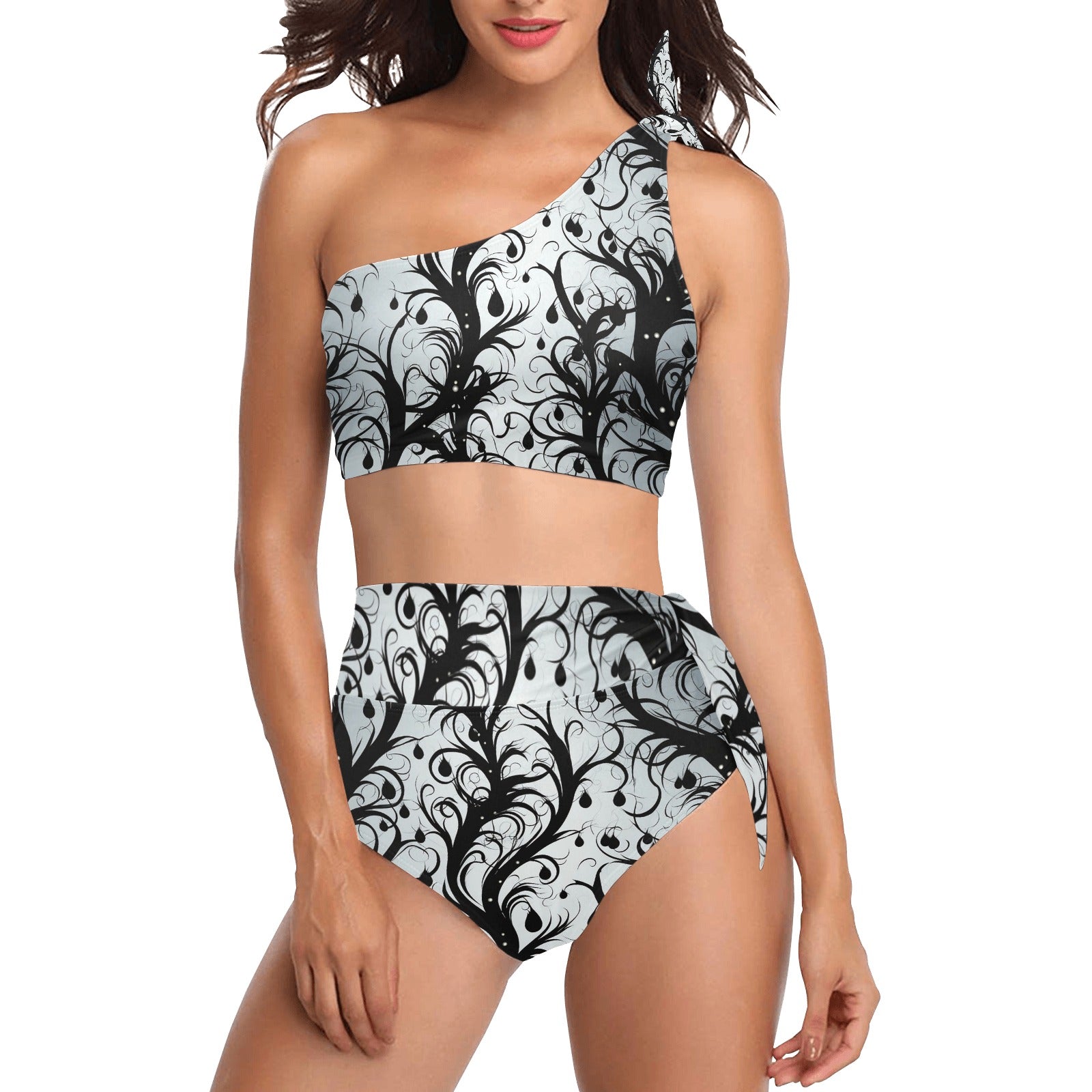 Goth Vines Of Darkness High Waisted One Shoulder Bikini Set