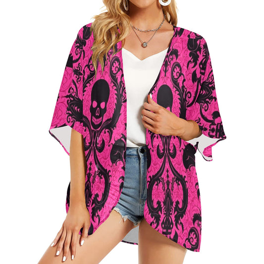 Black Skulls On Pink Kimono Chiffon Cover Up
