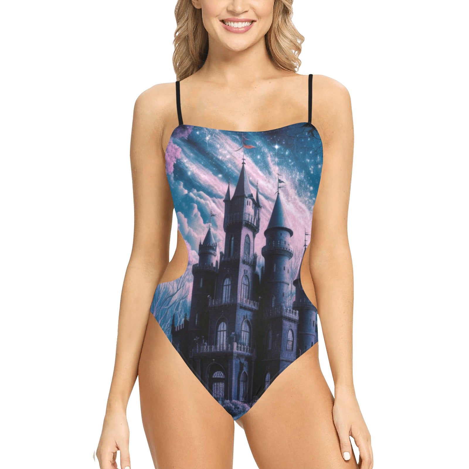 Gothic Purple Castle Spaghetti Strap Cut Out Sides Swimsuit