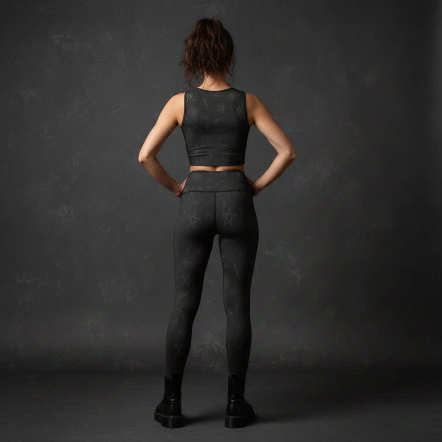 Back view Gravebound Active Set leggings and sports bra black gothic