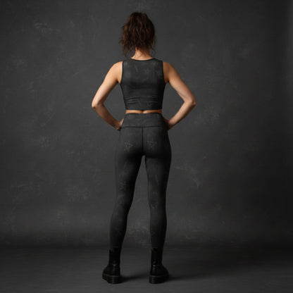 Back view Gravebound Active Set leggings and sports bra black gothic