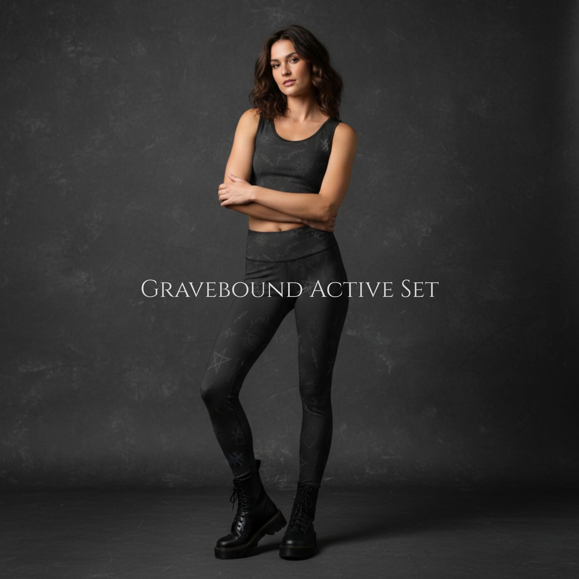 Gravebound Active Set dark gothic leggings and sports bra front view