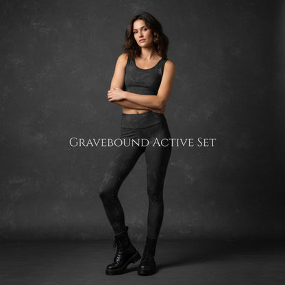 Gravebound Active Set dark gothic leggings and sports bra front view