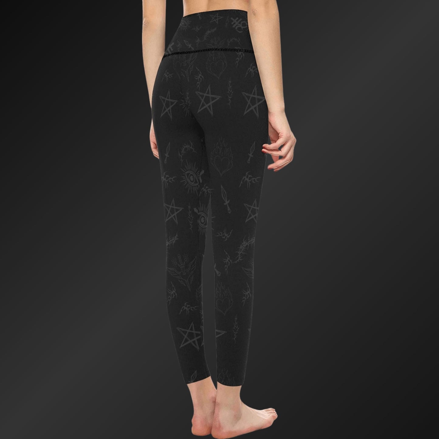 Back View of Dark Gothic High-Waist Leggings – Gravebound Sigils Pattern