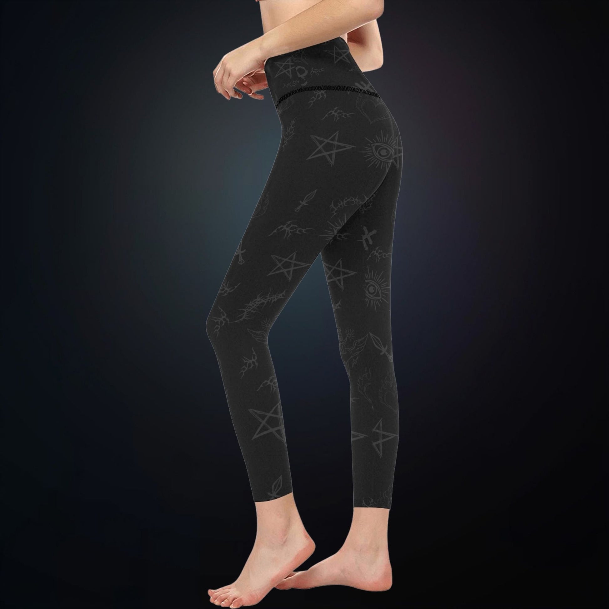 Side View of Gravebound Sigils Gothic Leggings – Black High-Waist Stretchy Fit