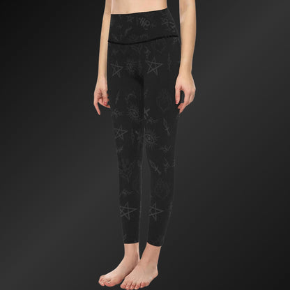 Dark Gothic High-Waist Leggings with Gravebound Sigils – Front View on Model