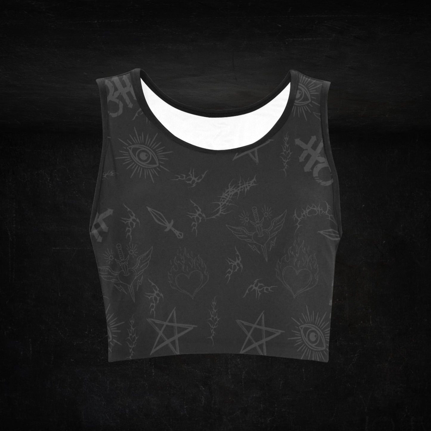 Front view of Gravebound Sigils Black Sports Bra – Flat Lay Product Shot
