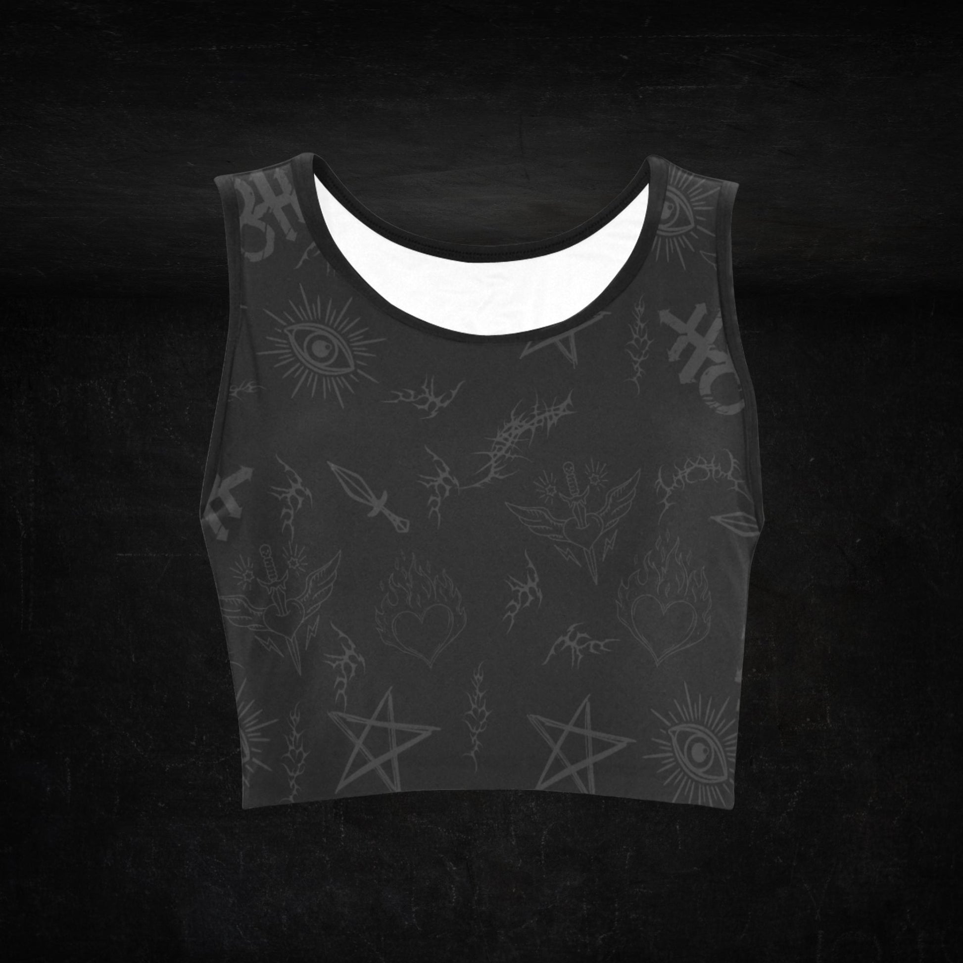 Front view of Gravebound Sigils Black Sports Bra – Flat Lay Product Shot