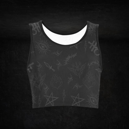 Front view of Gravebound Sigils Black Sports Bra – Flat Lay Product Shot