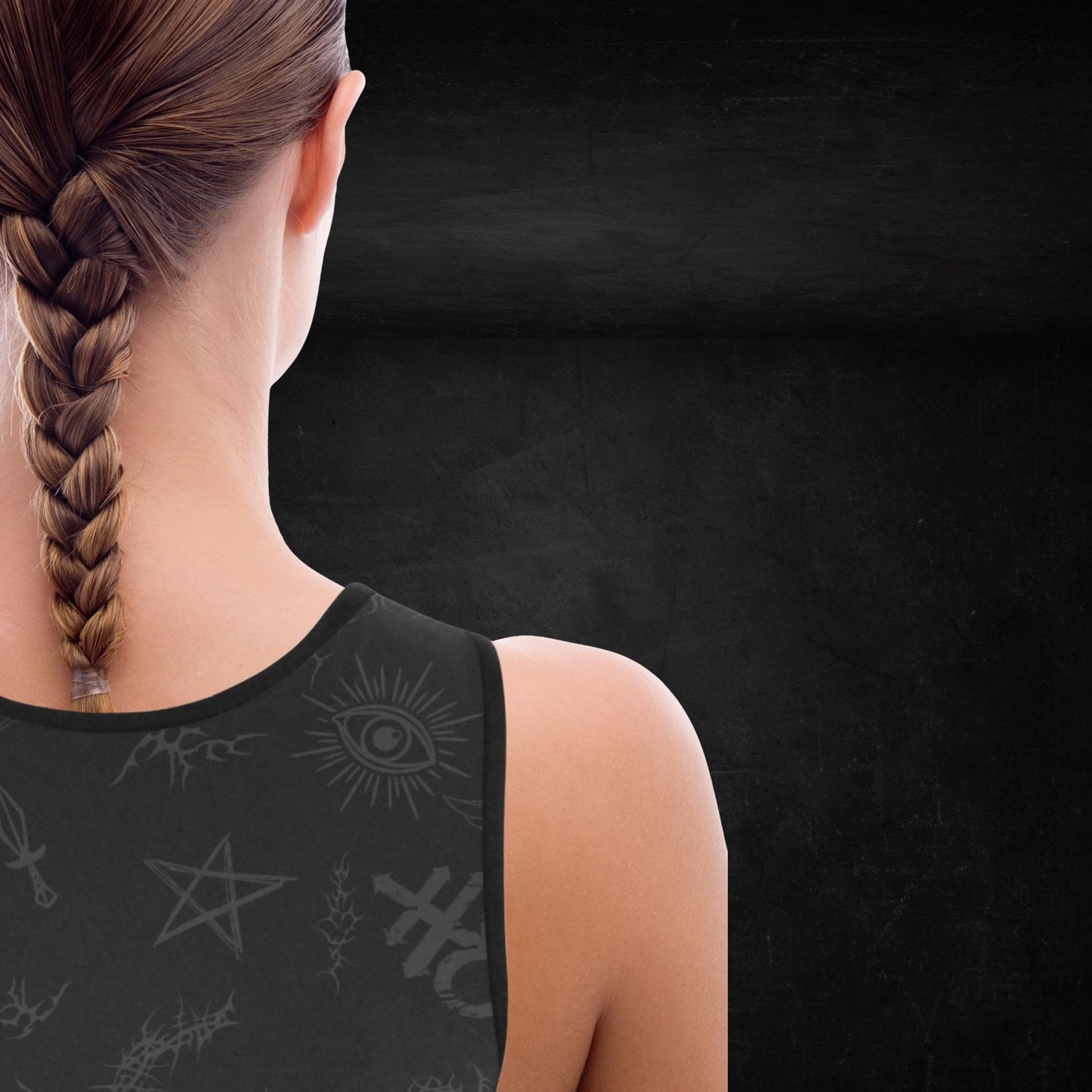 Model Wearing Gravebound Sigils Dark Gothic Sports Bra – Alternative Athleisure Style