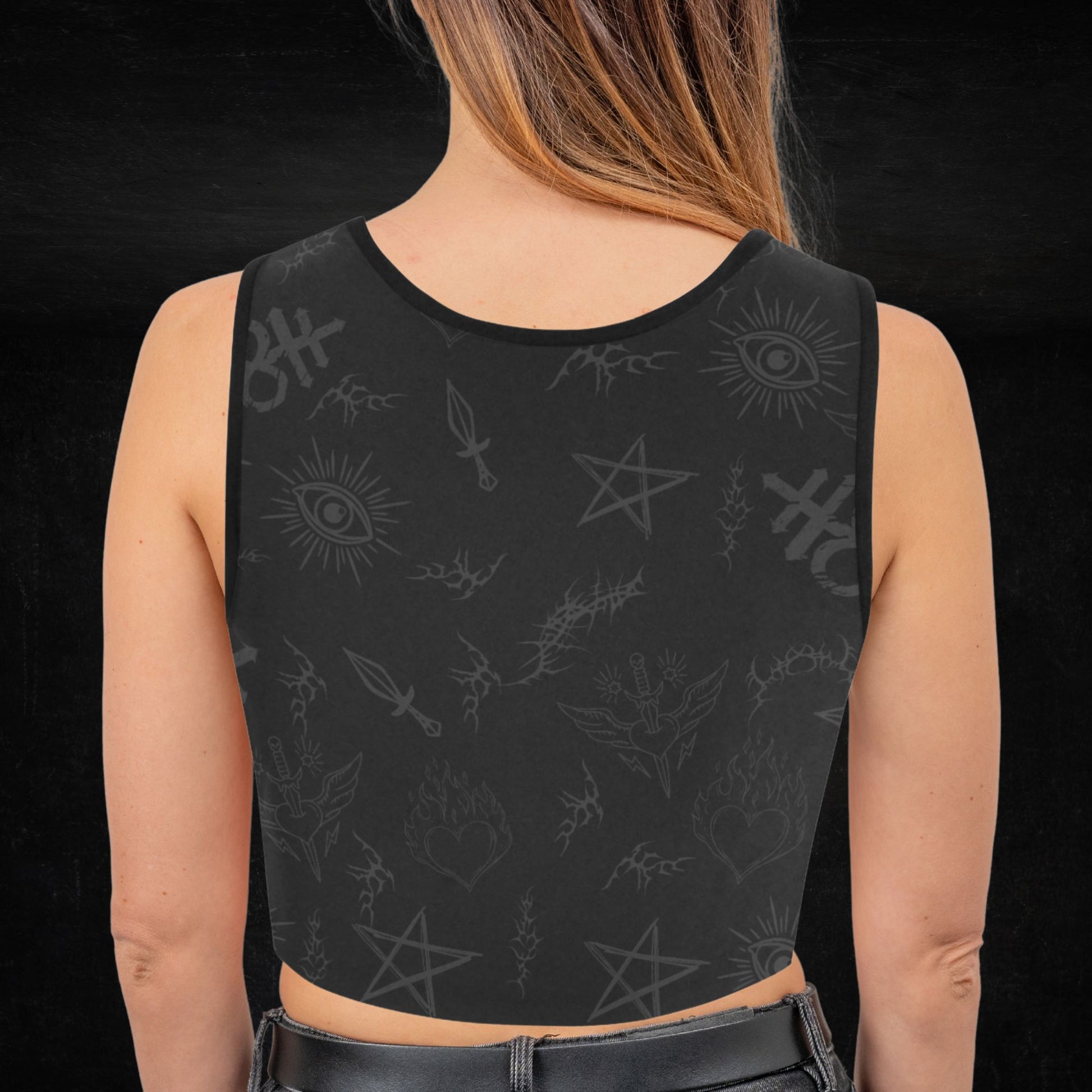 Back View of Black Gothic Sports Bra with All‑Over Sigils Print