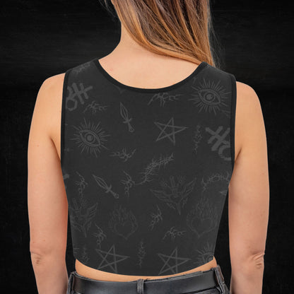 Back View of Black Gothic Sports Bra with All‑Over Sigils Print