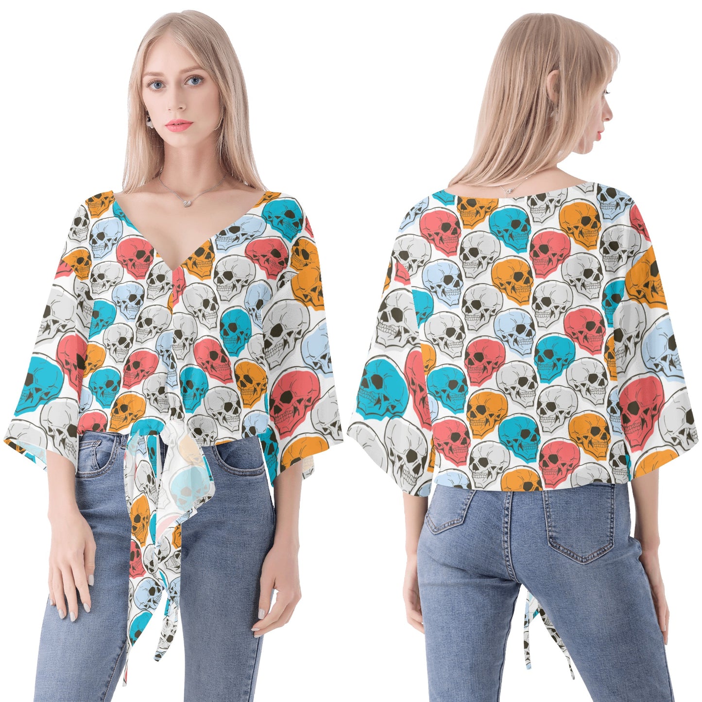 Colorful Skull Heads V-neck Streamers Blouse