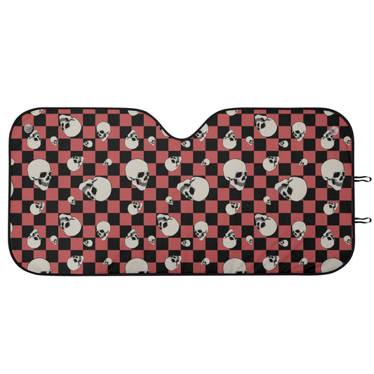 Checkered Pattern With Skull Heads Windshield Sun Shade
