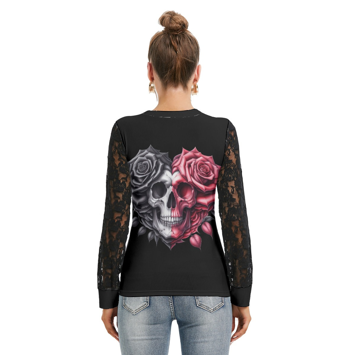 Skull And Rose Heart T-shirt And Sleeve With Black Lace